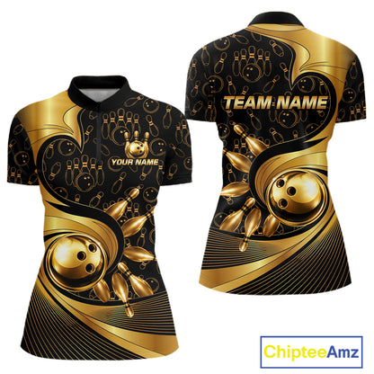 Black And Gold Strikes Bowling Ball & Pins Shirt For Women Custom Bowling Team Attire NYN3275