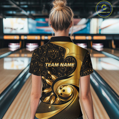Black And Gold Strikes Bowling Ball & Pins Shirt For Women Custom Bowling Team Attire NYN3275