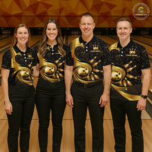 Load image into Gallery viewer, Black And Gold Strikes Bowling Ball &amp; Pins Shirt For Men Custom Bowling Team Attire NYN3275