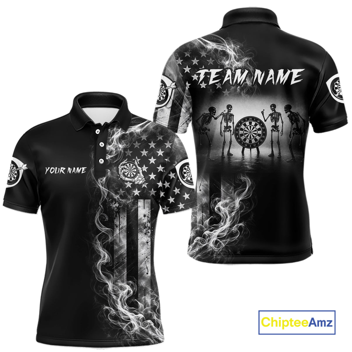 White Smokes American Flag Skeleton men's patriotic darts polo shirt, USA dart jersey, custom patriotic dart team apparel