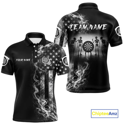 White Smokes American Flag Skeleton men's patriotic darts polo shirt, USA dart jersey, custom patriotic dart team apparel