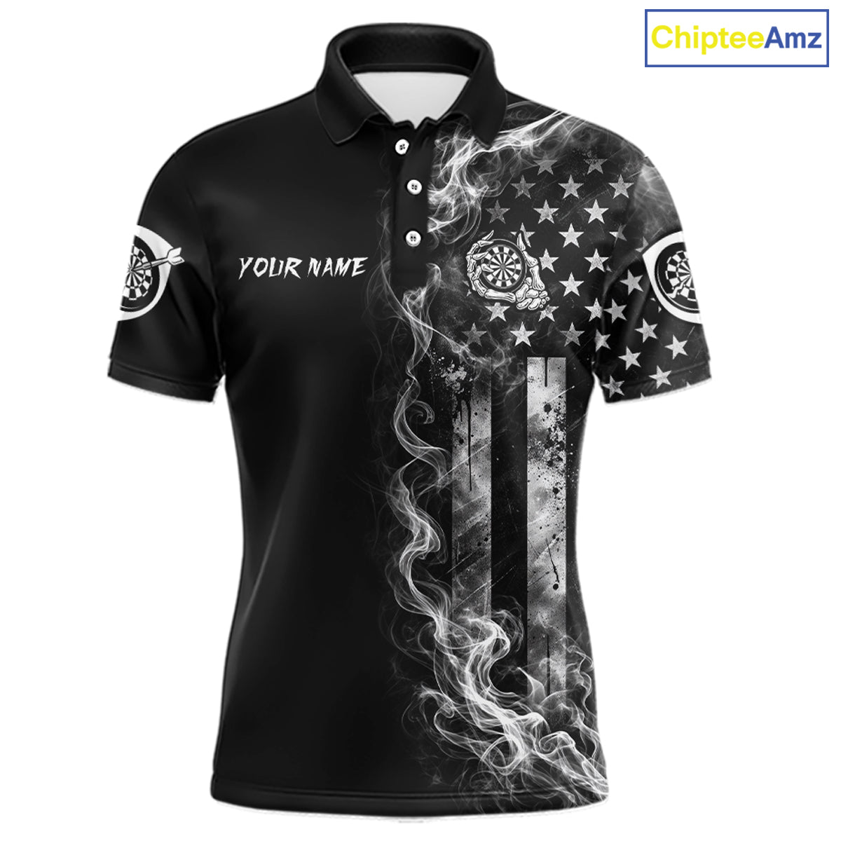 White Smokes American Flag Skeleton men's patriotic darts polo shirt, USA dart jersey, custom patriotic dart team apparel