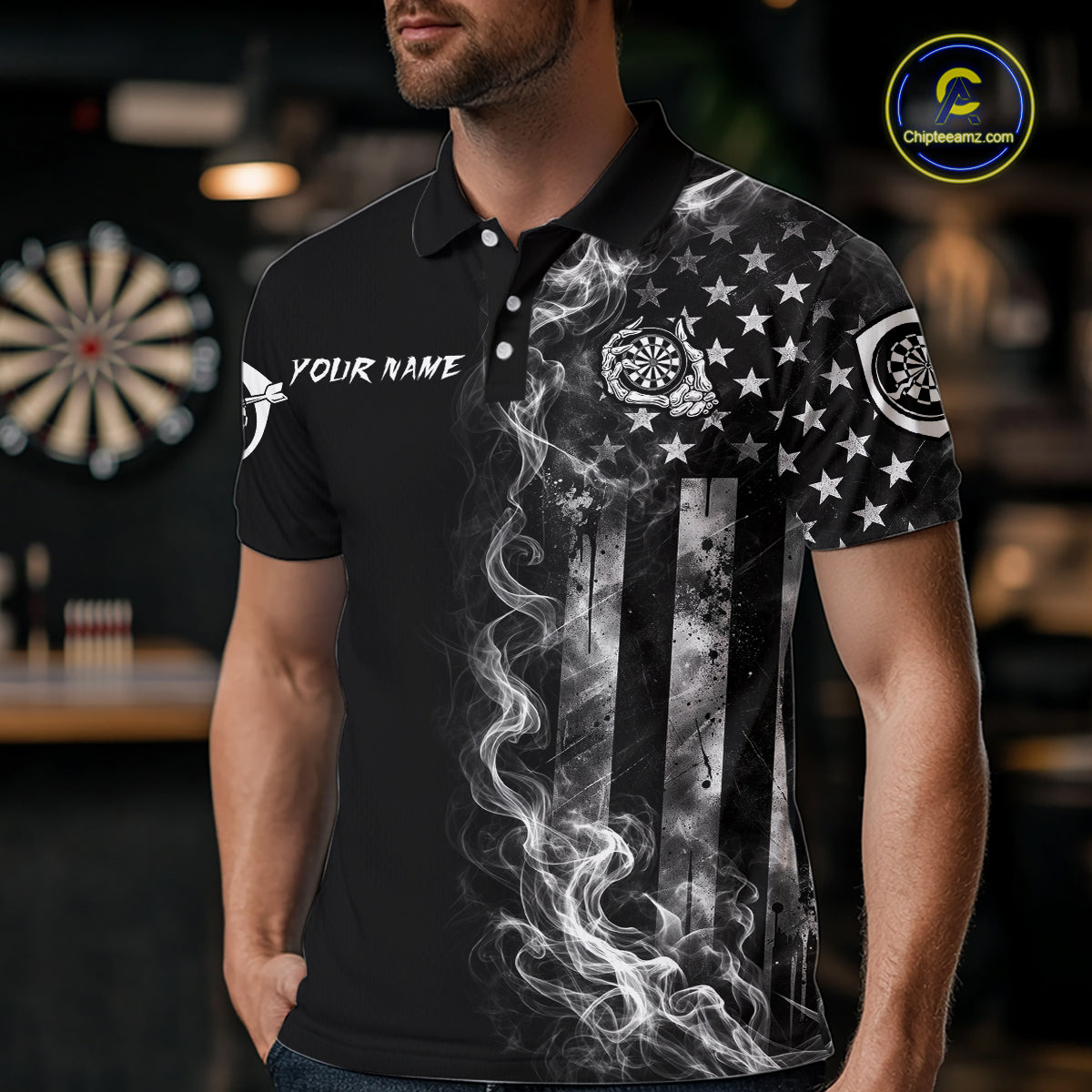 Male darts player wearing American Flag Skeleton patriotic dart jersey during league and national tournament events