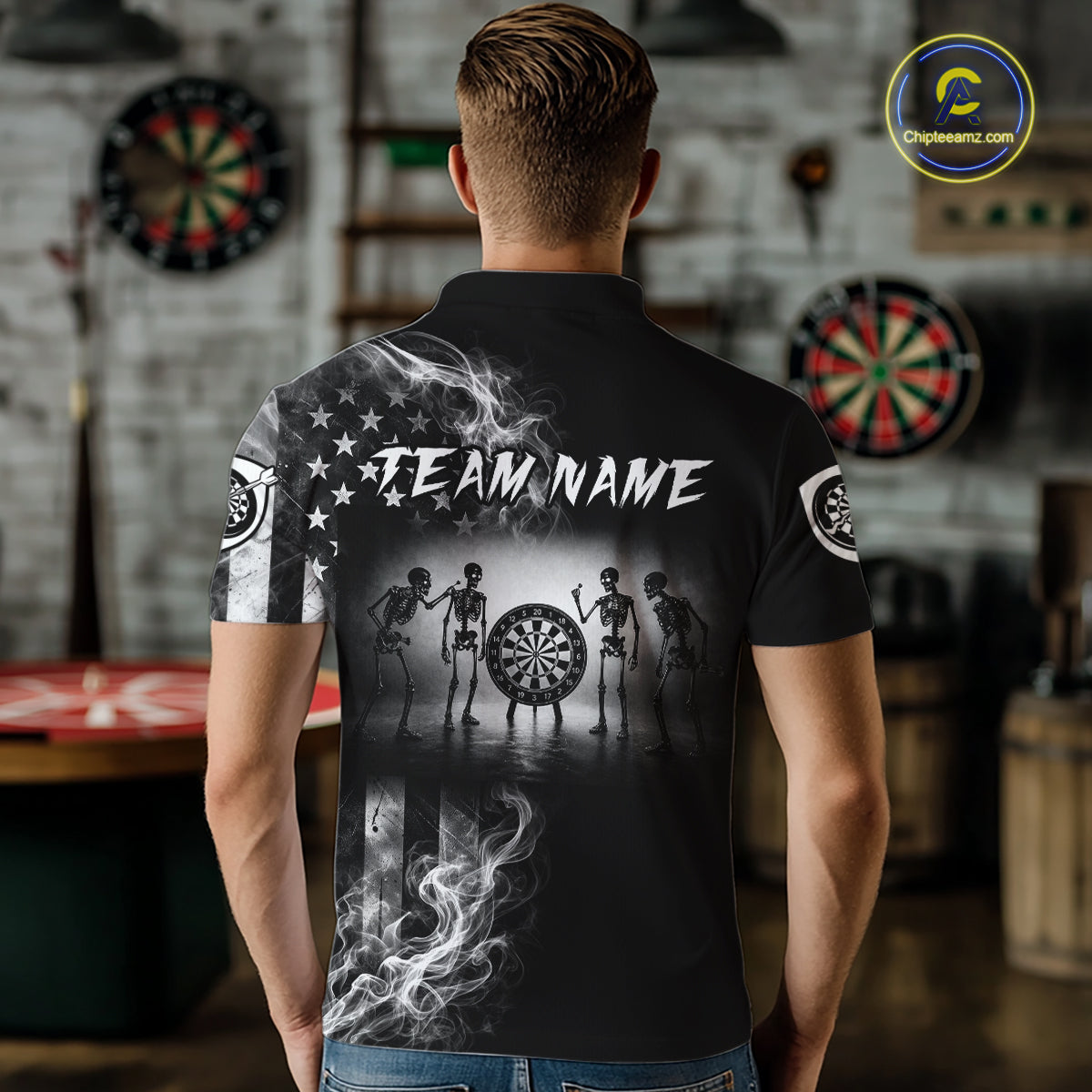 Male darts player wearing American Flag Skeleton patriotic dart jersey during league and national tournament events