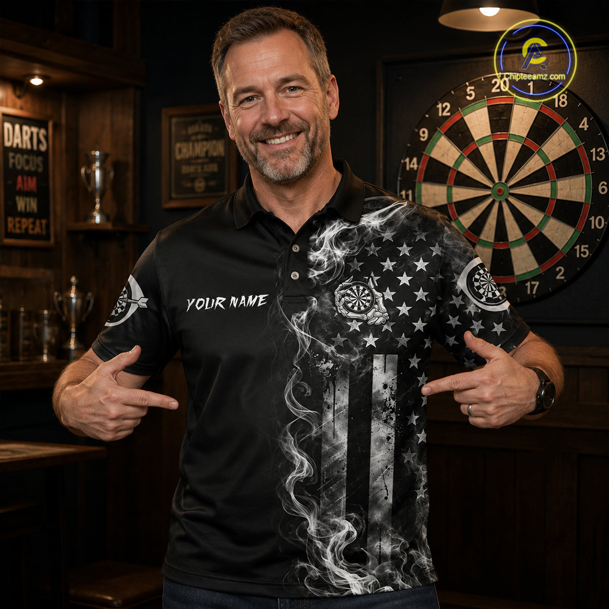 White Smokes American Flag Mens Patriotic Darts Shirt Custom Funny Skeleton Funny Dart Jerseys NYN3564