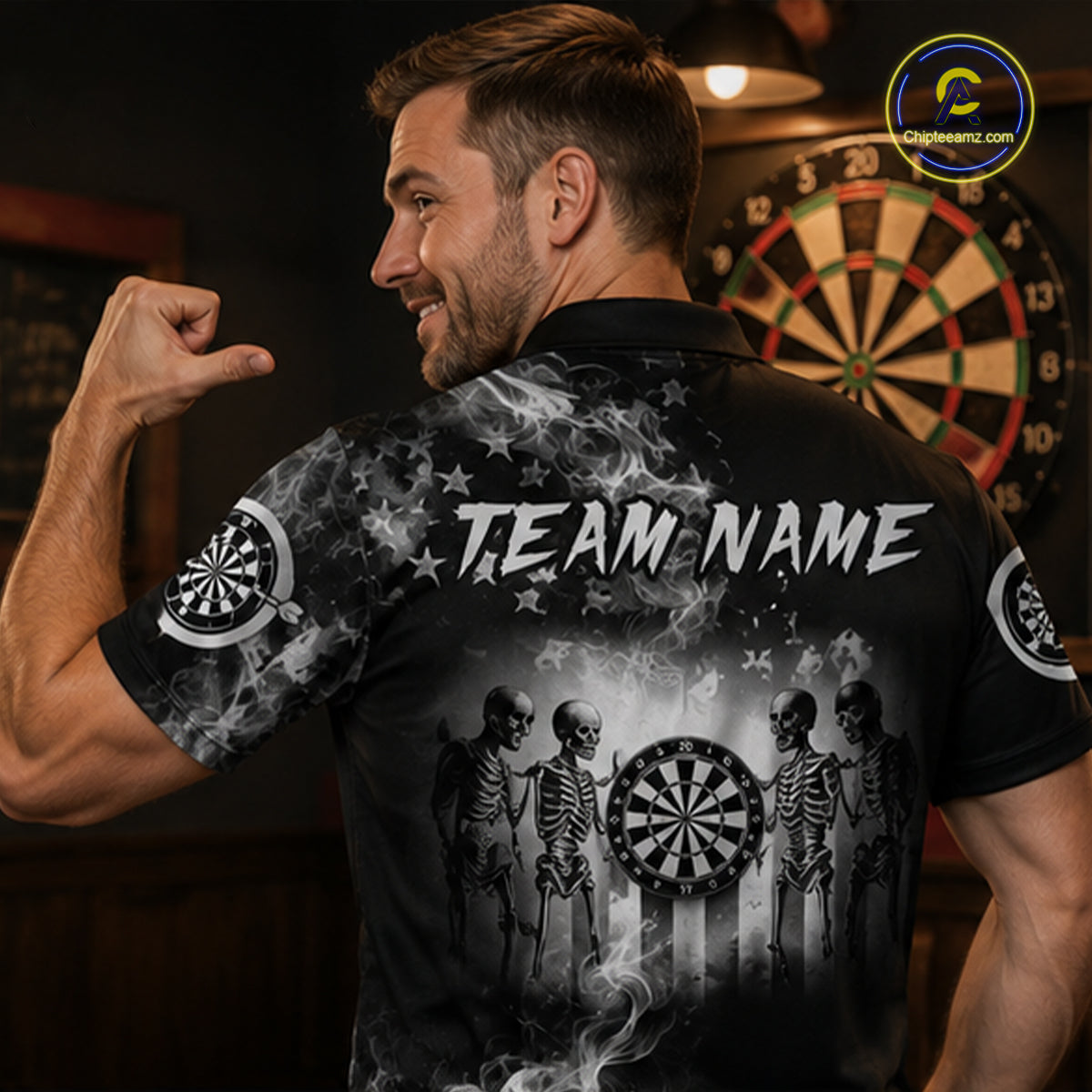 White Smokes American Flag Mens Patriotic Darts Shirt Custom Funny Skeleton Funny Dart Jerseys NYN3564