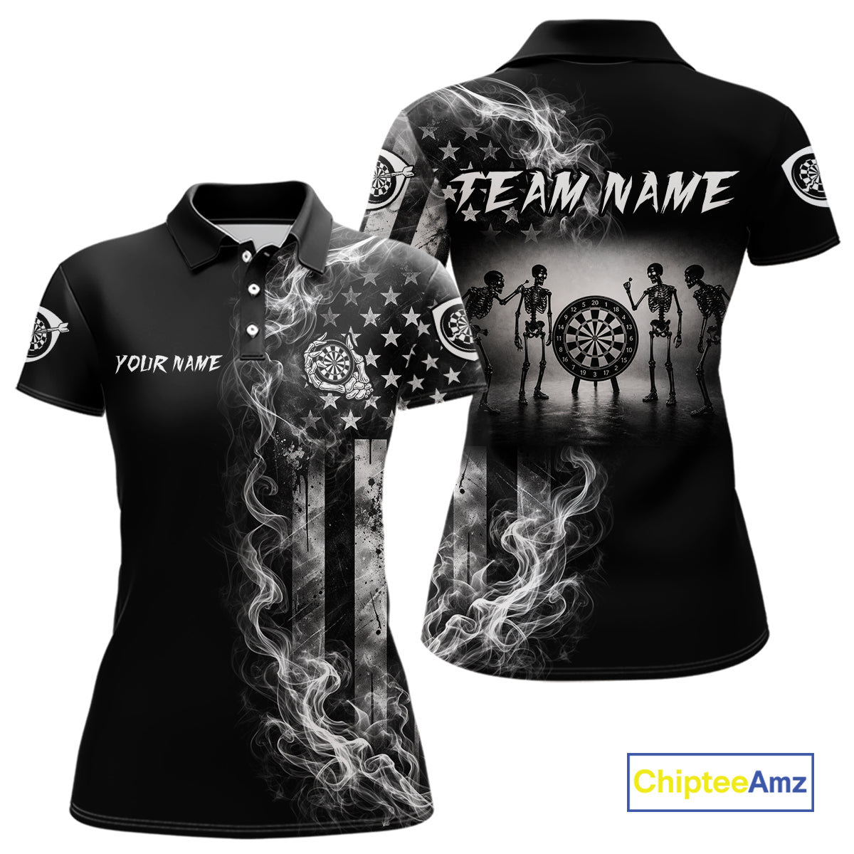 White Smokes American Flag Skeleton women's patriotic darts polo shirt, USA dart jersey, custom patriotic dart team apparel