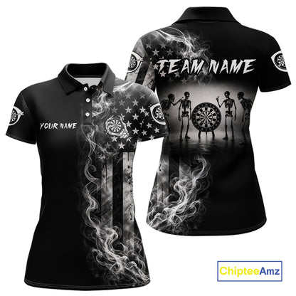 White Smokes American Flag Skeleton women's patriotic darts polo shirt, USA dart jersey, custom patriotic dart team apparel