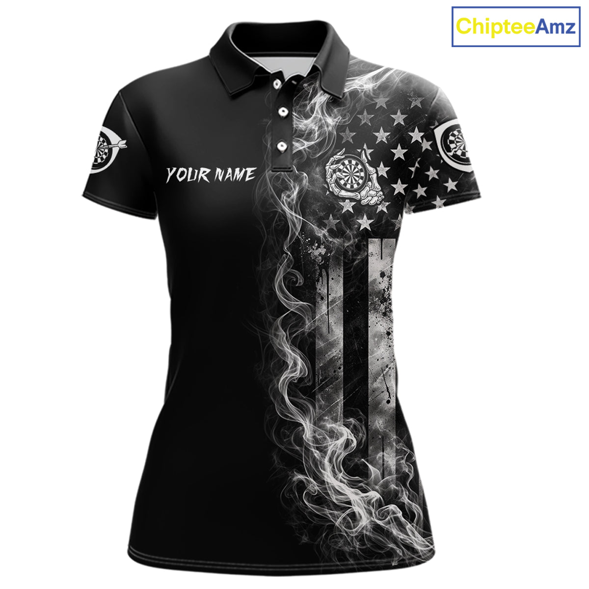 White Smokes American Flag Skeleton women's patriotic darts polo shirt, USA dart jersey, custom patriotic dart team apparel