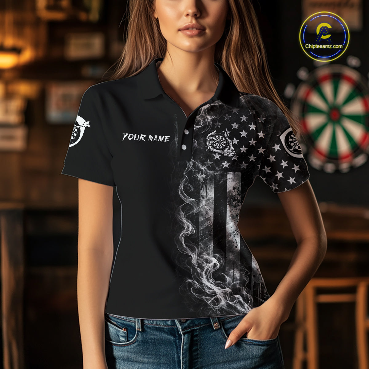 Female darts player wearing American Flag Skeleton patriotic dart jersey during league and national tournament events