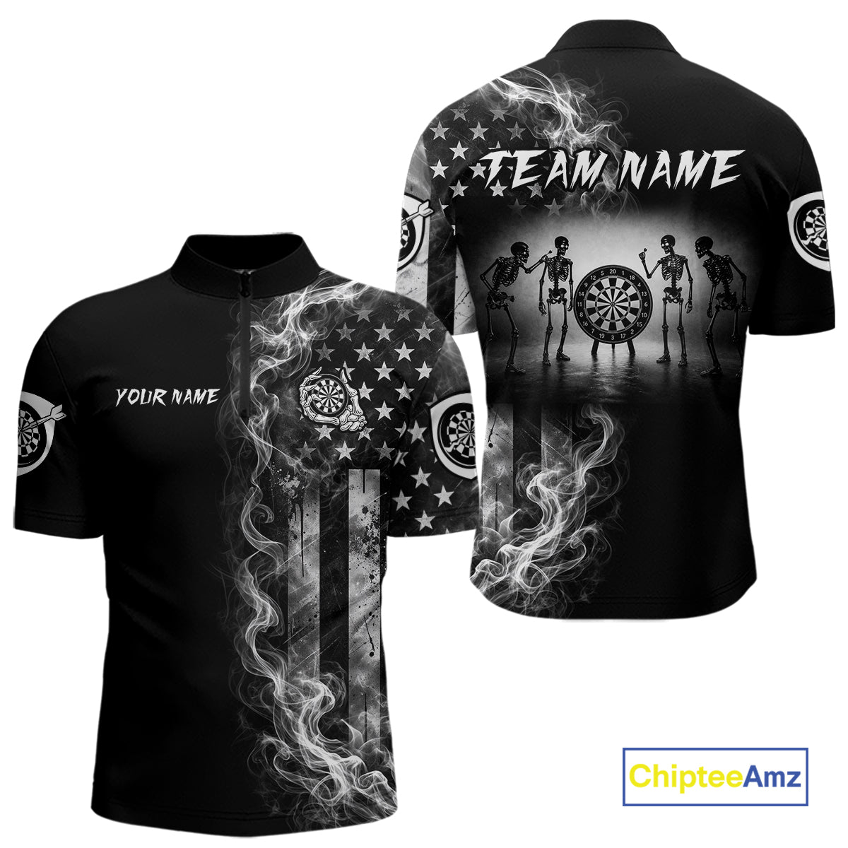 White Smokes American Flag Skeleton men's quarter zip darts shirt, patriotic USA dart team jersey, tournament apparel