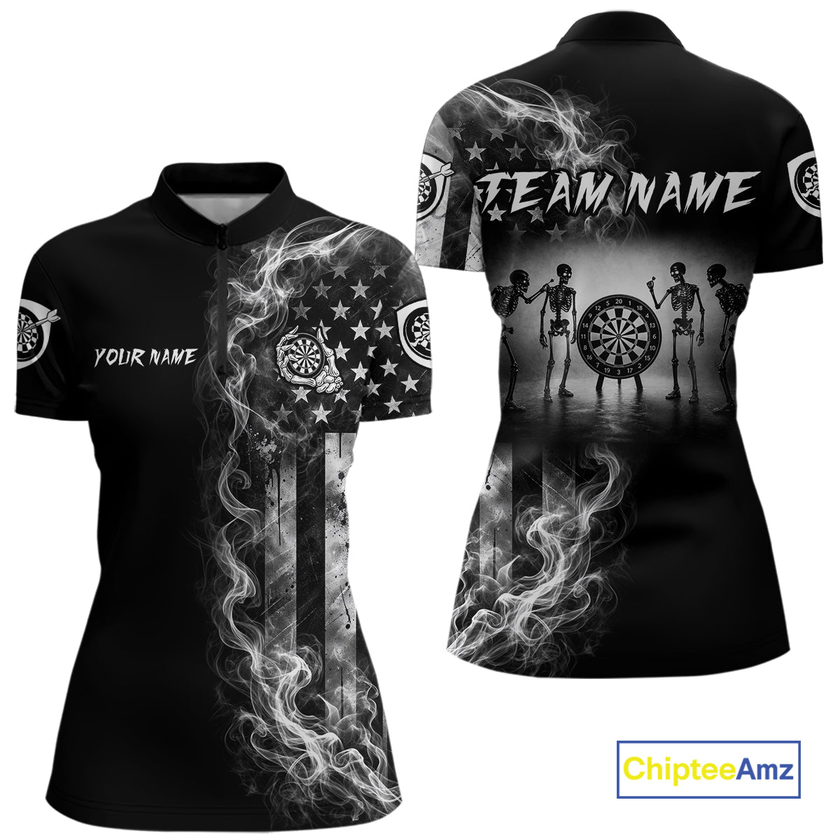 White Smokes American Flag Skeleton women's quarter zip darts shirt, patriotic USA dart team jersey, tournament apparel