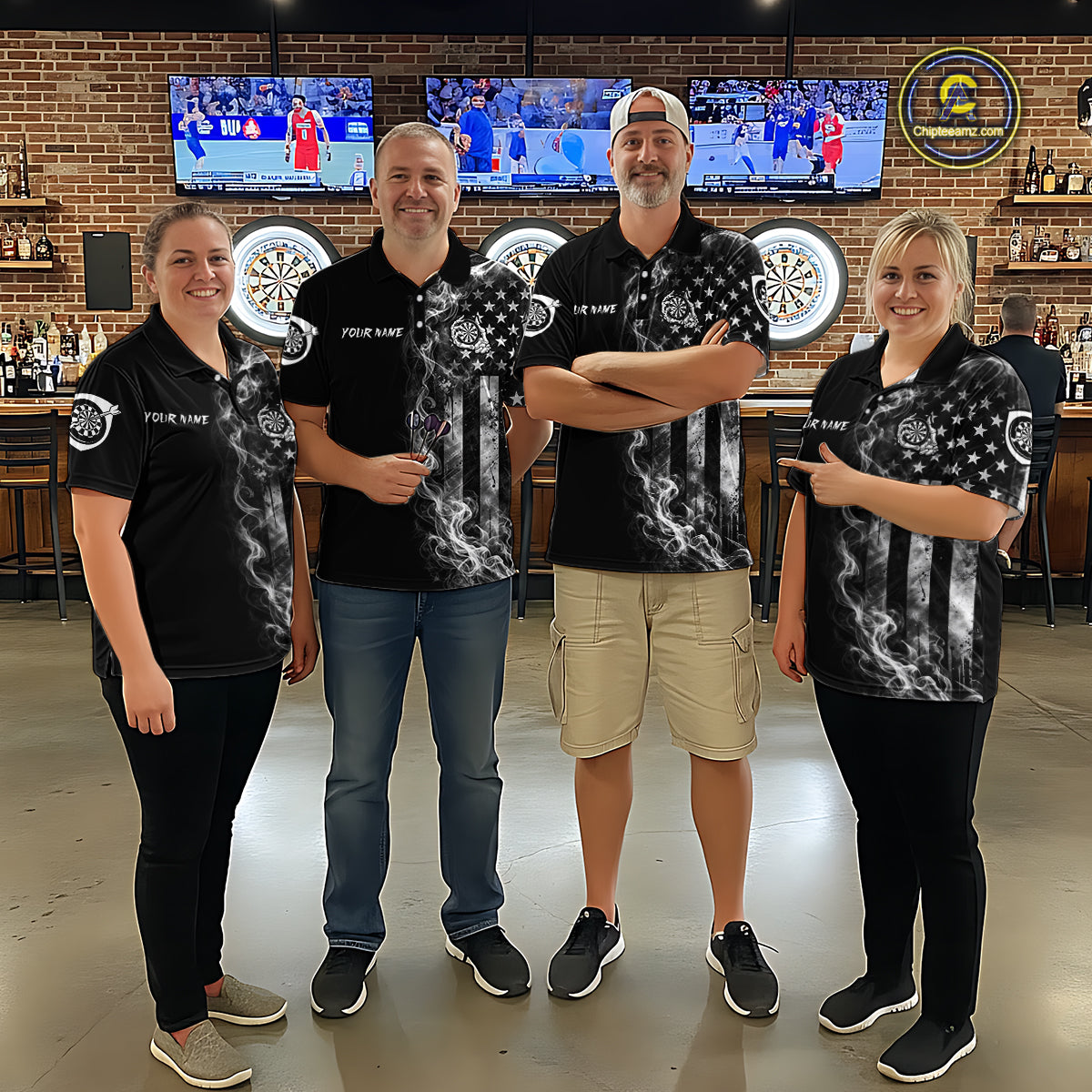 Men women darts team wearing American Flag Skeleton custom patriotic dart uniforms, USA team jerseys