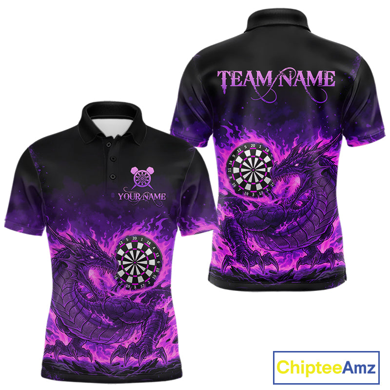 Purple Flaming Dragon Dartboard Men Polo Darts Shirt Custom Name & Team Dart Jersey NYN2010