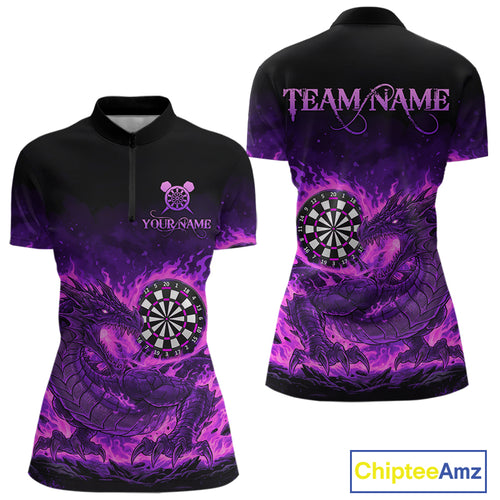Purple Flaming Dragon Dartboard Women Quarter-Zip Darts Shirt Custom Name & Team Dart Jersey NYN2010