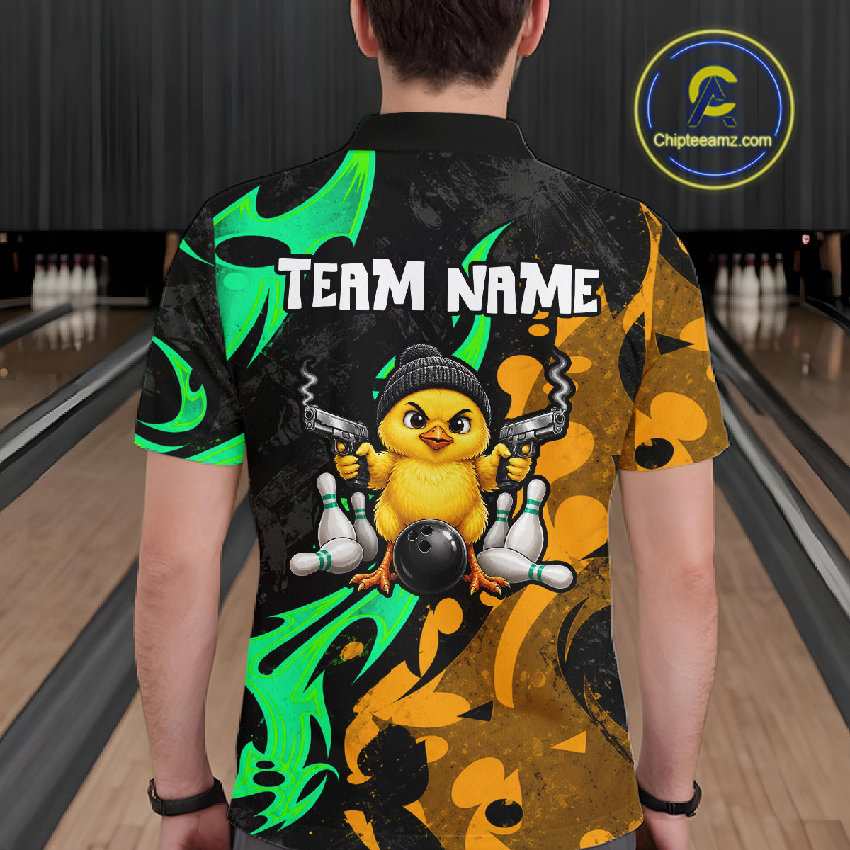 Funny Cute Duck Gun Men Bowling Shirt Custom Yellow & Green Grunge Bowling Team Attire NYN3280