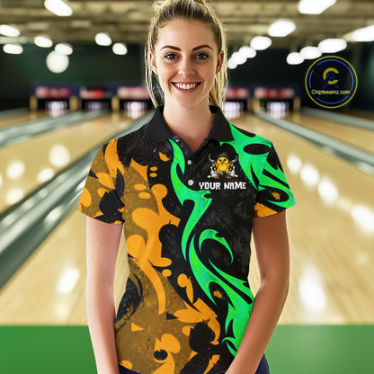 Funny Cute Duck Gun Women Bowling Shirt Custom Yellow & Green Grunge Bowling Team Attire NYN3280