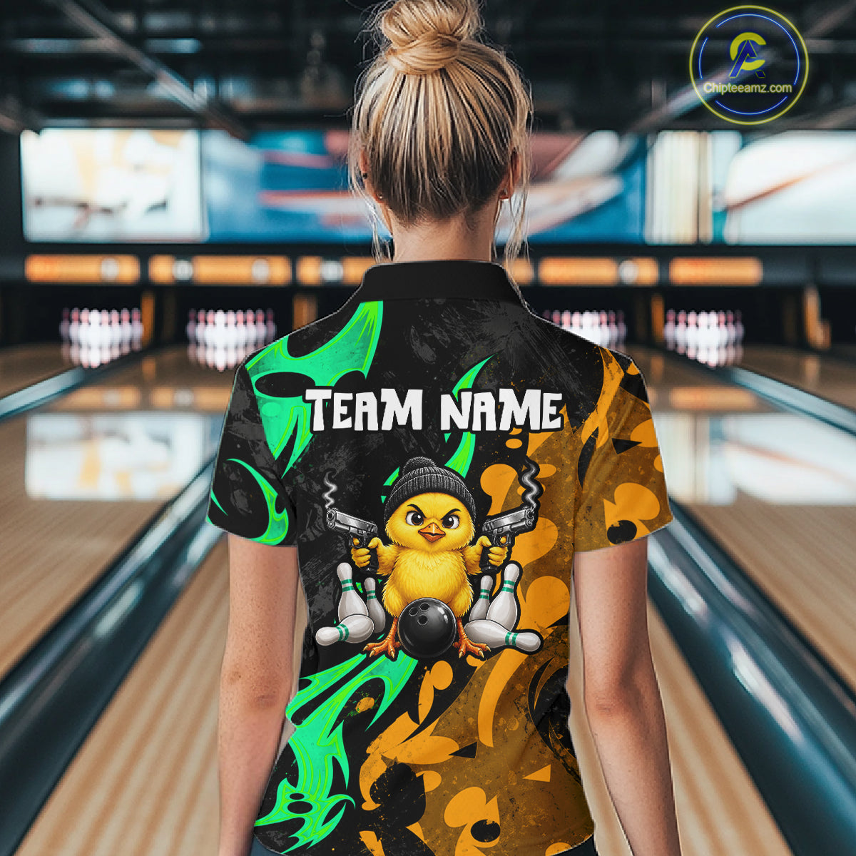 Funny Cute Duck Gun Women Bowling Shirt Custom Yellow & Green Grunge Bowling Team Attire NYN3280