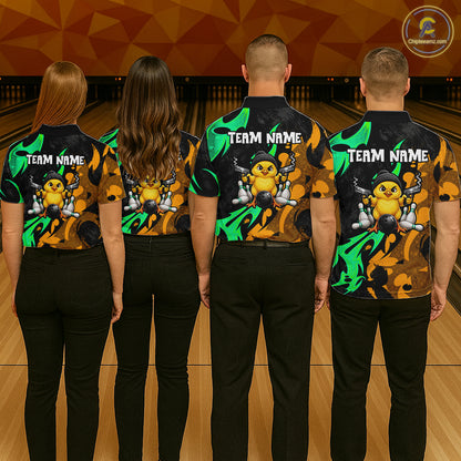 Funny Cute Duck Gun Men Bowling Shirt Custom Yellow & Green Grunge Bowling Team Attire NYN3280