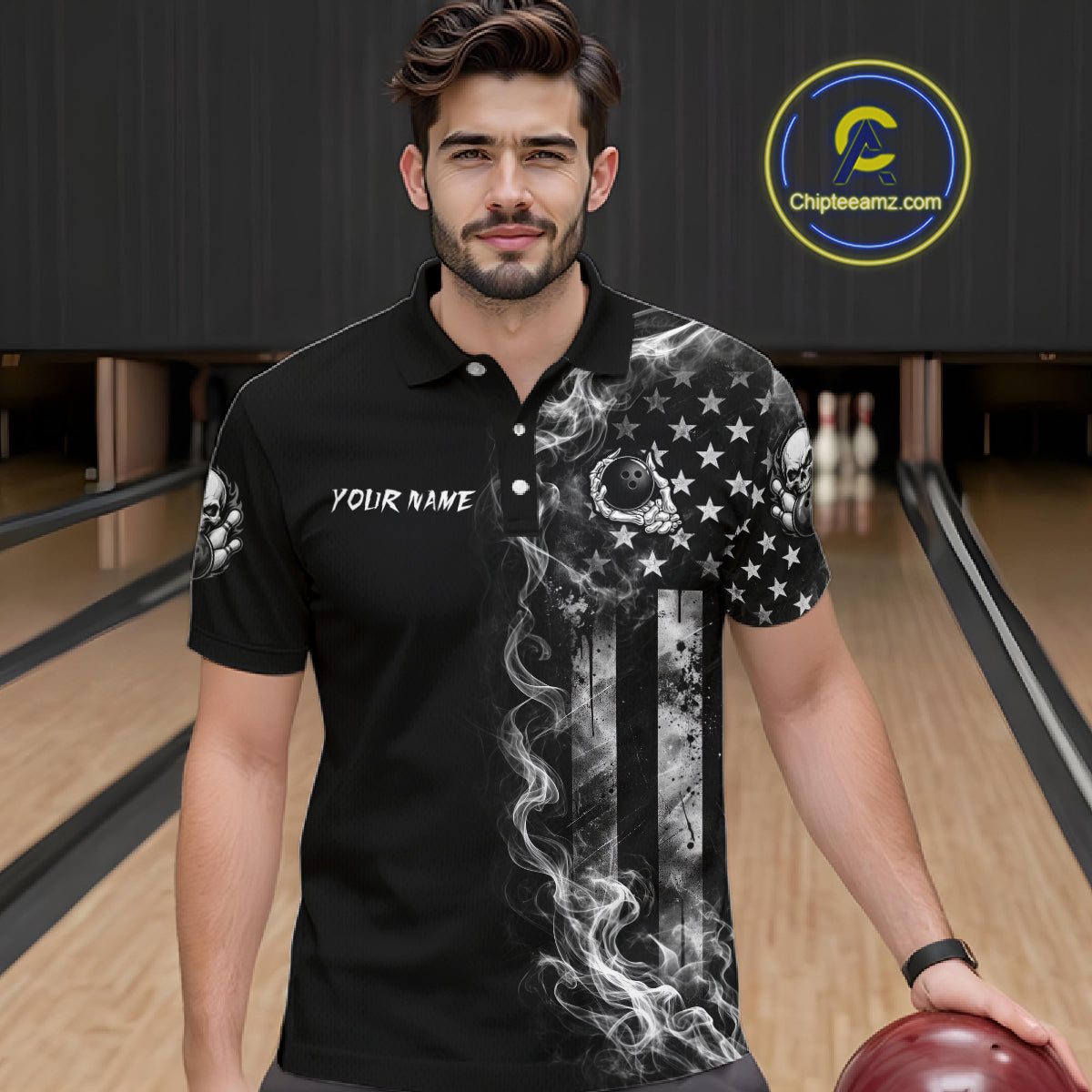 Smoke American Flag Mens Bowling Polo 1/4-Zip Shirt Custom Skeleton Youth Bowling Outfits | White NYN3286