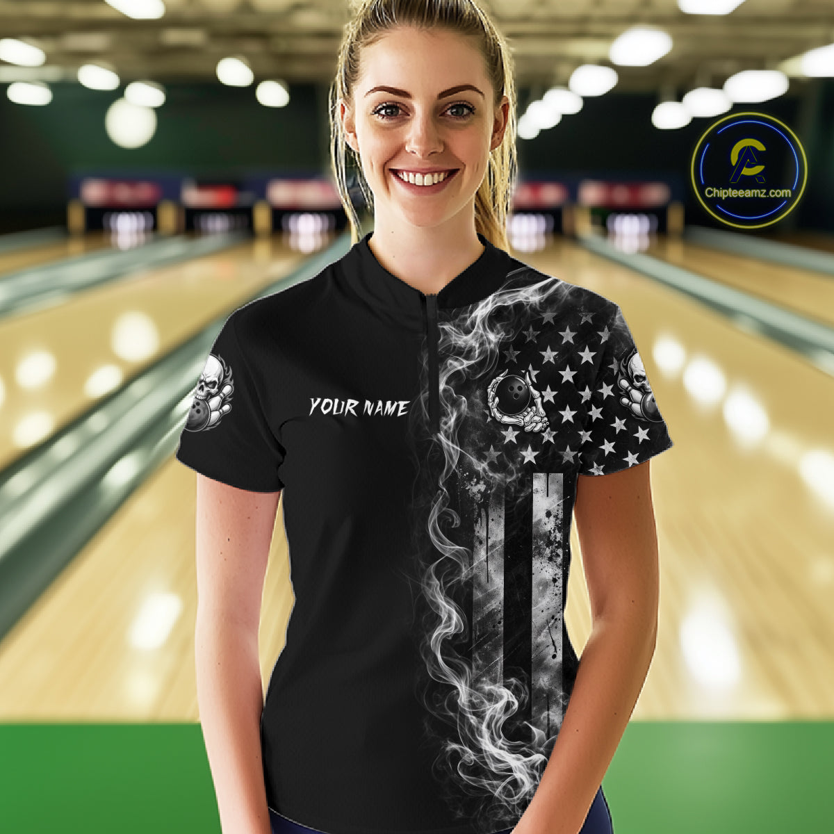 Smoke American Flag Women Bowling Polo 1/4-Zip Shirt Custom Skeleton Youth Bowling Outfits | White NYN3286