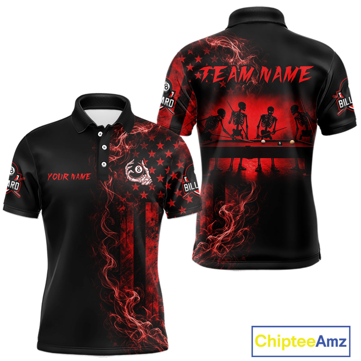 Red smoke American flag billiard polo shirt with 8 ball skeleton design for men