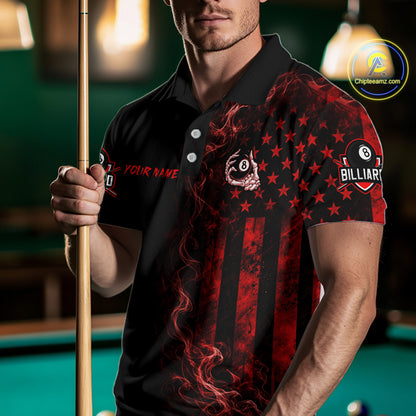 Red Smokes American Flag 8 Ball Billiard Pool Shirt For Men Custom Billiard Skeleton Team Appeal NYN3287