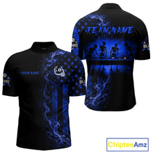 Load image into Gallery viewer, Blue smoke American flag 8 ball billiard 1/4-zip shirt for men with skeleton graphic