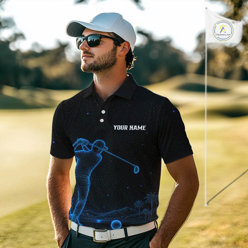 Male golfer wearing personalized black galaxy blue golf polo shirt, custom golf clothing, couples golf outfit