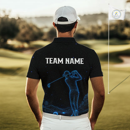 Male golfer wearing personalized black galaxy blue golf polo shirt, custom golf clothing, couples golf outfit