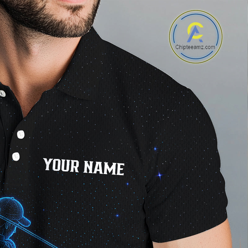 Male golfer wearing personalized black galaxy blue golf polo shirt, custom golf clothing, couples golf outfit