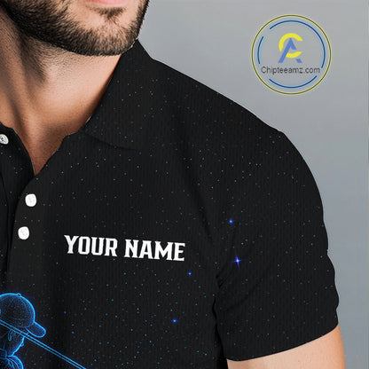 Male golfer wearing personalized black galaxy blue golf polo shirt, custom golf clothing, couples golf outfit