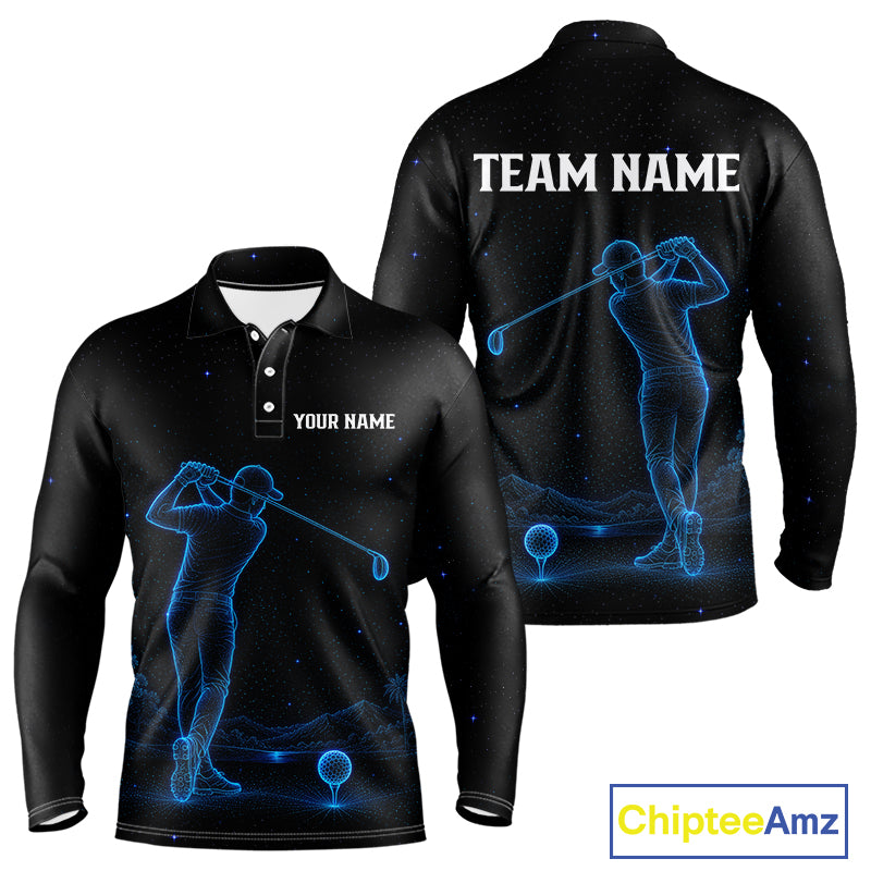Men's personalized black and galaxy blue golf long sleeves polo shirt, matching couples golf shirt, custom golf apparel, men's golf team uniform