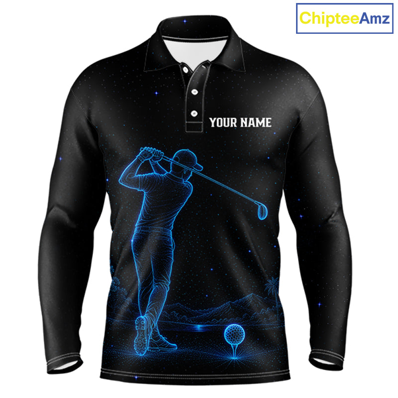 Men's personalized black and galaxy blue golf long sleeves polo shirt, matching couples golf shirt, custom golf apparel, men's golf team uniform