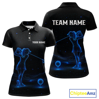 Women's personalized black and galaxy blue golf polo shirt, matching couples golf shirt, custom golf apparel, ladies golf team uniform