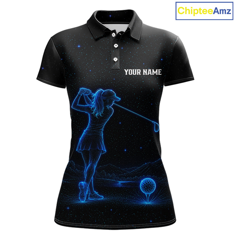 Women's personalized black and galaxy blue golf polo shirt, matching couples golf shirt, custom golf apparel, ladies golf team uniform