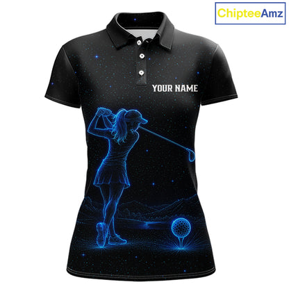 Women's personalized black and galaxy blue golf polo shirt, matching couples golf shirt, custom golf apparel, ladies golf team uniform
