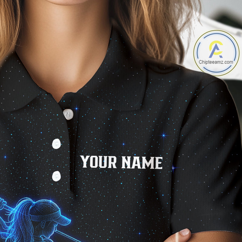 Female golfer wearing personalized black galaxy blue golf polo shirt, custom golf clothing, couples golf outfit
