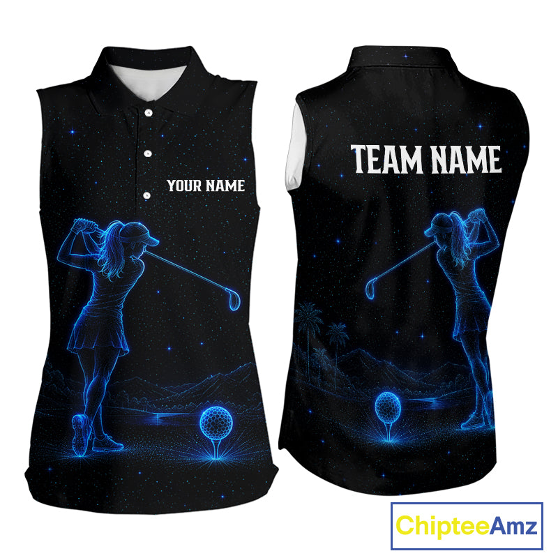 Women's personalized black and galaxy blue golf polo shirt, matching couples golf shirt, custom golf apparel, ladies golf team uniform