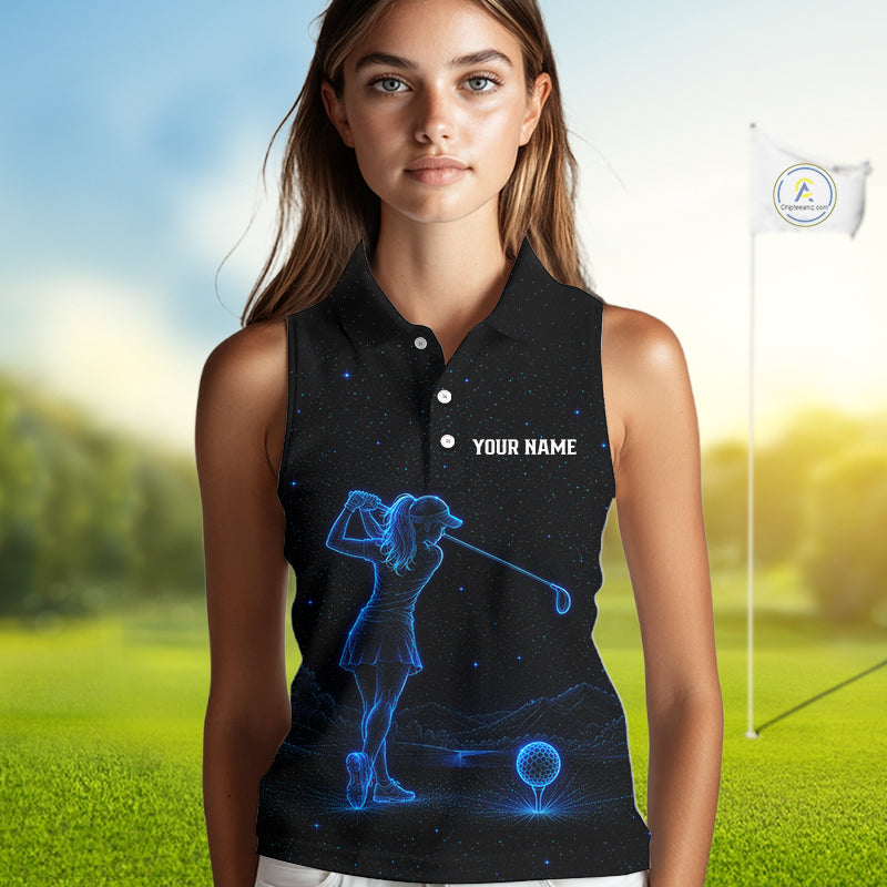 Female golfer wearing personalized black galaxy blue golf polo shirt, custom golf clothing, couples golf outfit