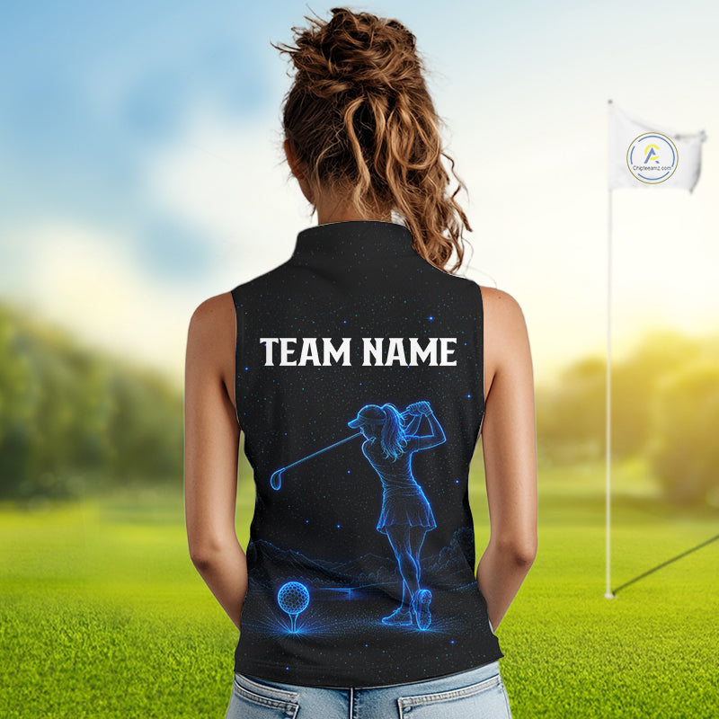 Female golfer wearing personalized black galaxy blue golf polo shirt, custom golf clothing, couples golf outfit