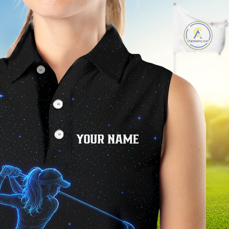 Female golfer wearing personalized black galaxy blue golf polo shirt, custom golf clothing, couples golf outfit
