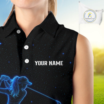 Female golfer wearing personalized black galaxy blue golf polo shirt, custom golf clothing, couples golf outfit