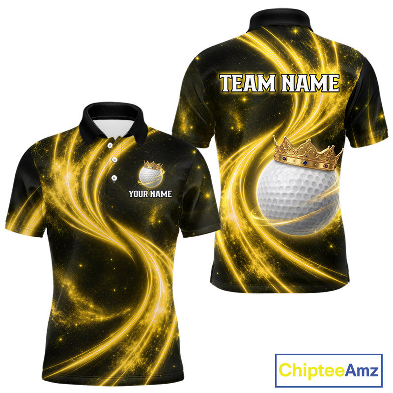 Men's galaxy yellow crown golf ball polo shirt, custom golf apparel, crown golf ball golf shirt, men's golf clothing