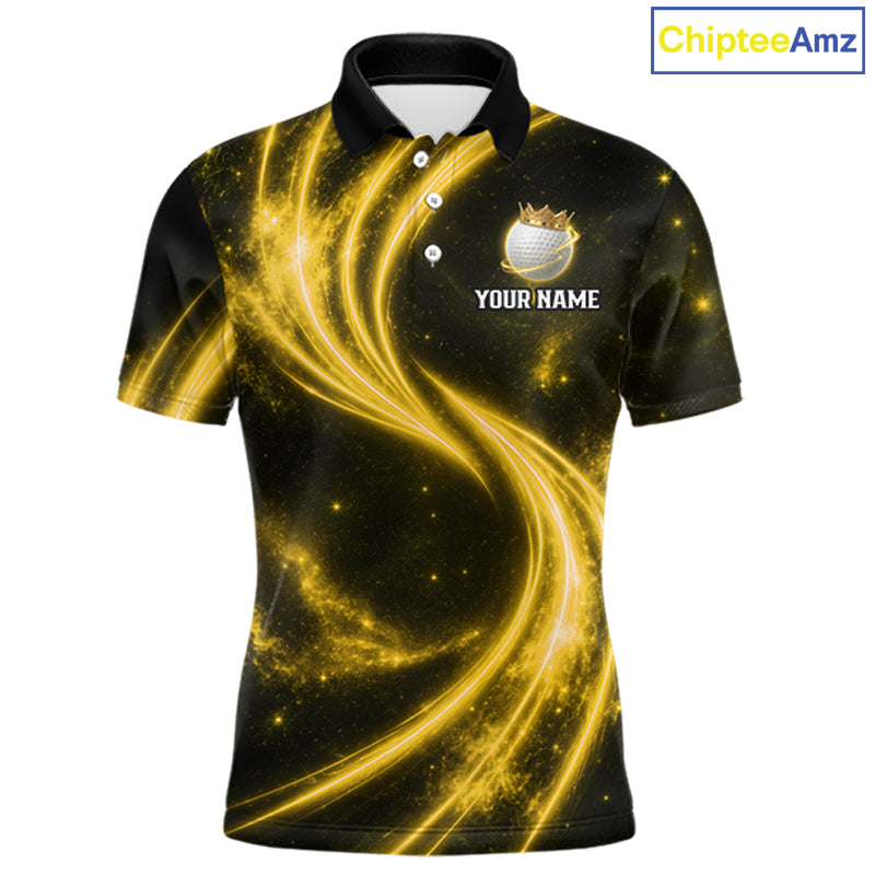 Men's galaxy yellow crown golf ball polo shirt, custom golf apparel, crown golf ball golf shirt, men's golf clothing
