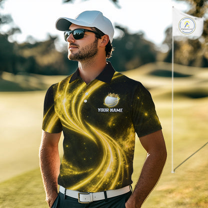 Male golfer wearing galaxy yellow crown golf ball polo shirt, men's golf apparel, tournament golf outfit