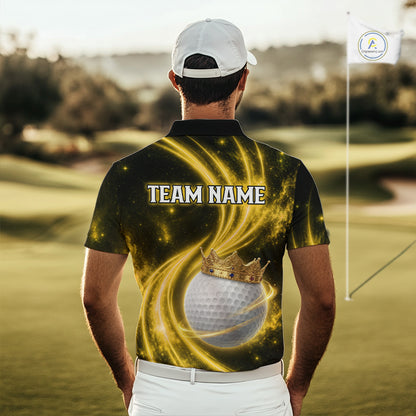 Male golfer wearing galaxy yellow crown golf ball polo shirt, men's golf apparel, tournament golf outfit