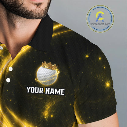 Male golfer wearing galaxy yellow crown golf ball polo shirt, men's golf apparel, tournament golf outfit