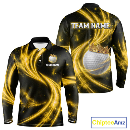Men's galaxy yellow crown golf ball long sleeves polo shirt, custom golf apparel, crown golf ball golf shirt, men's golf clothing
