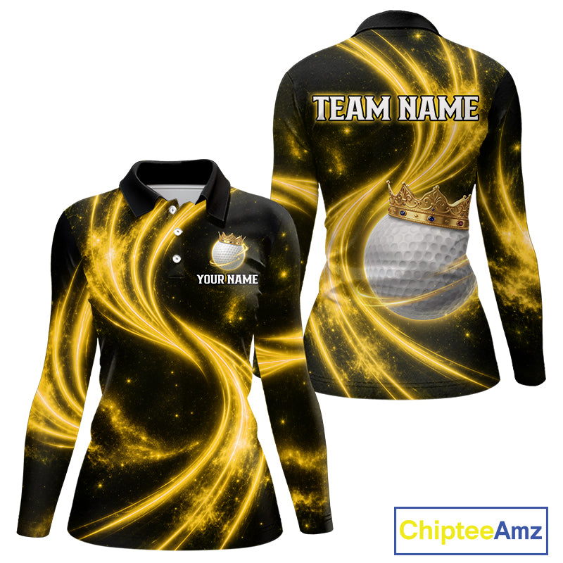 Women's galaxy yellow crown golf ball polo shirt, custom golf apparel, crown golf ball golf shirt, ladies golf clothing
